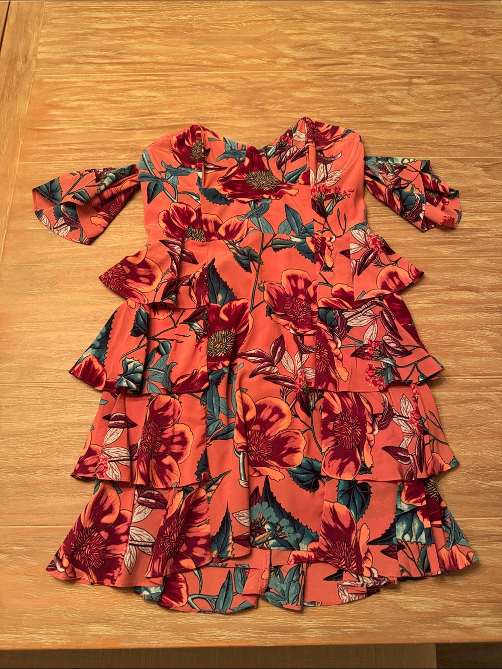 For Love And Lemons Orange Floral Tiered Dress with Teal Leaves - Picture 2 of 6